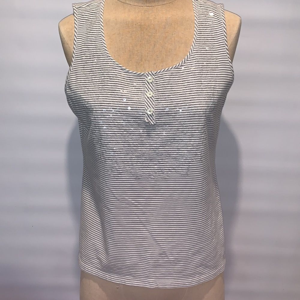 Chico’s grey and white striped top with clear sequins, Size 1